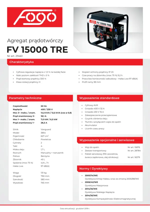 Wynajem Agregatu Prądotwórczego Krakow, Fogo FV 15000 TRE 7kw - Image 4